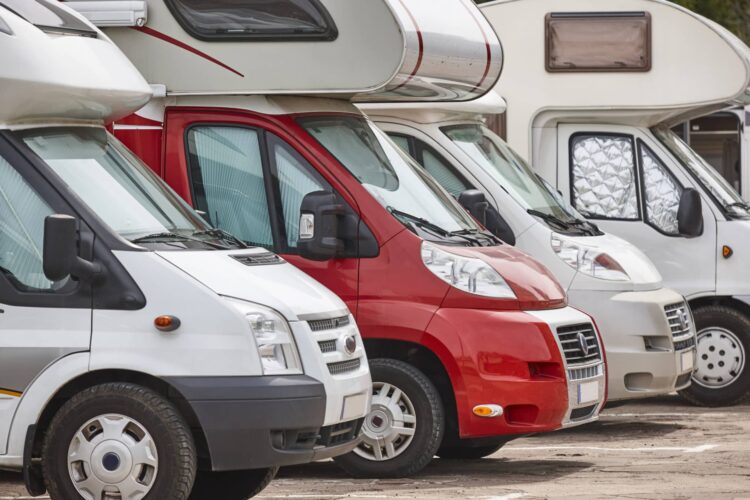 Recreational vehicles in a parking lot