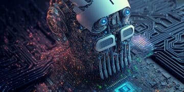 Artificial intelligence concept: humanoid head with neural network
