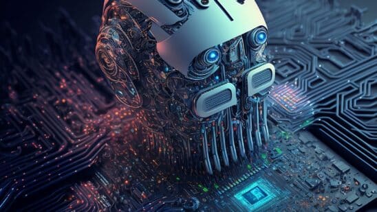 Artificial intelligence concept: humanoid head with neural network