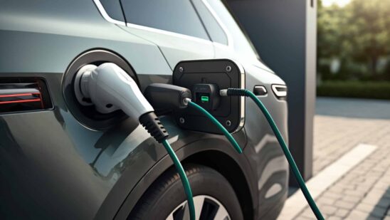 Futuristic electric vehicle ev connected to a charging station