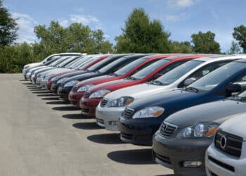 New cars for sale on a dealership lot