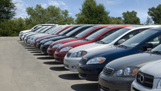 New cars for sale on a dealership lot