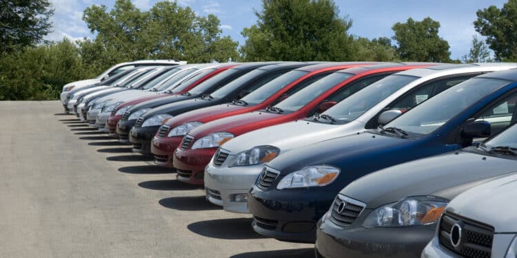 New cars for sale on a dealership lot