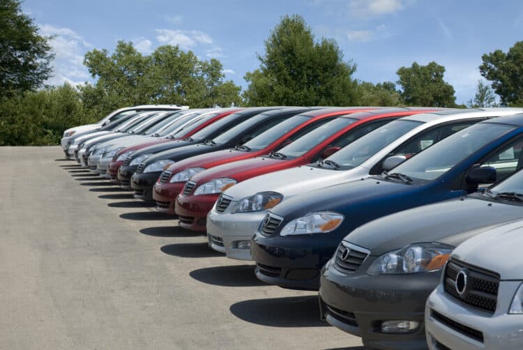 New cars for sale on a dealership lot