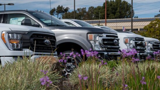 Vehicles for sale at a Ford dealership in Richmond, California, US, on Tuesday, Feb. 21, 2023. The average price for a new vehicle in the US has jumped to almost $50,000, up 30% since 2019, according to JPMorgan.