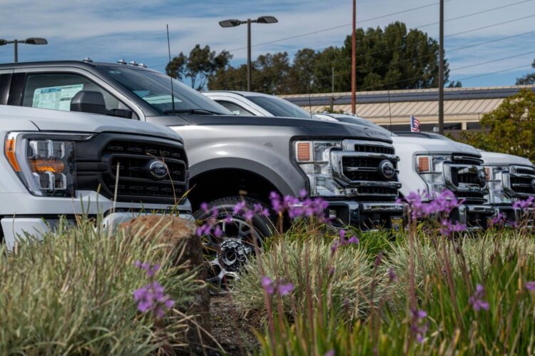Vehicles for sale at a Ford dealership in Richmond, California, US, on Tuesday, Feb. 21, 2023. The average price for a new vehicle in the US has jumped to almost $50,000, up 30% since 2019, according to JPMorgan.