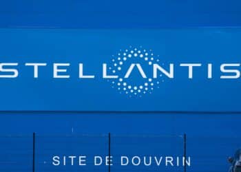 A Stellantis NV logo at the Automotive Cells Company (ACC) gigafactory in Douvrin, France, on Tuesday, May 30, 2023. Leaders and companies in Europe's biggest markets are increasingly balking at the ambitious pace of the continent's green push as they confront the massive costs associated with economic transformation.