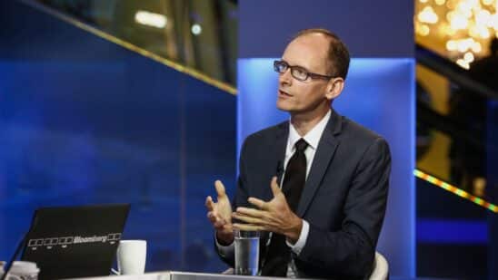 Torsten Slok, managing director and chief international economist of Deutsche Bank AG, speaks during a Bloomberg Television interview in New York, U.S., on Monday, Oct. 3, 2016. Slok examined U.K. economic data and looks at how the weakness of the pound is keeping the nation out of recession.