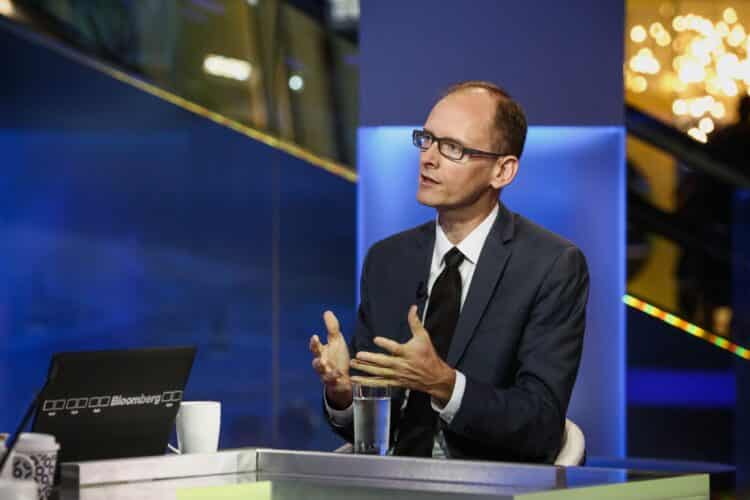 Torsten Slok, managing director and chief international economist of Deutsche Bank AG, speaks during a Bloomberg Television interview in New York, U.S., on Monday, Oct. 3, 2016. Slok examined U.K. economic data and looks at how the weakness of the pound is keeping the nation out of recession.