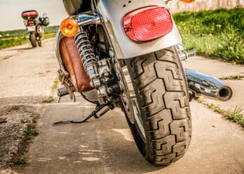 Close up of the back tire of a motorcycle