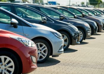 Row of used cars. rental or automobile sale services at dealer place