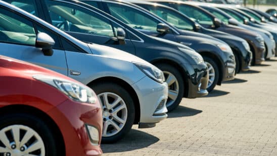 Row of used cars. rental or automobile sale services at dealer place