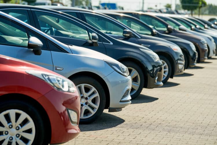 Row of used cars. rental or automobile sale services at dealer place
