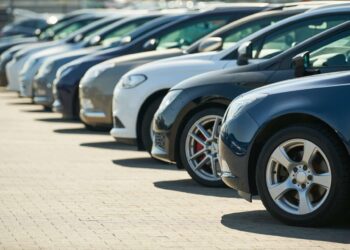 Row of used cars. rental or automobile sale services at dealer place