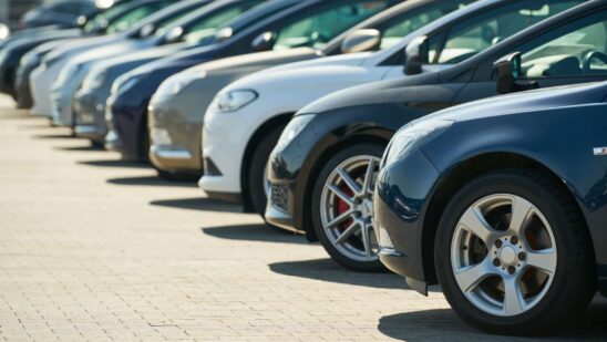 Row of used cars. rental or automobile sale services at dealer place