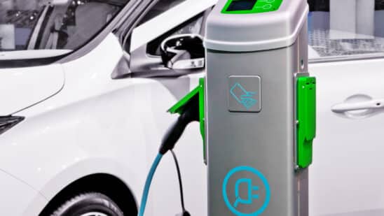 Plug-in electric car being charged.