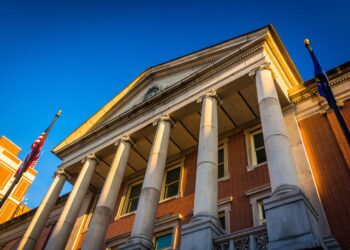 Looking up at the york county courthouse in downtown york, pennsylvania