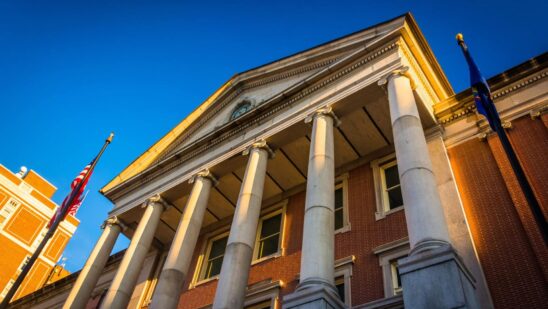 Looking up at the york county courthouse in downtown york, pennsylvania