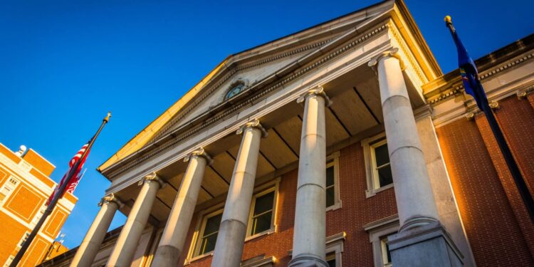Looking up at the york county courthouse in downtown york, pennsylvania