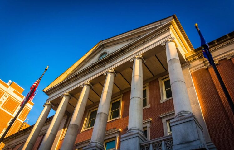 Looking up at the york county courthouse in downtown york, pennsylvania