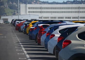 Cars lined up in a parking lot