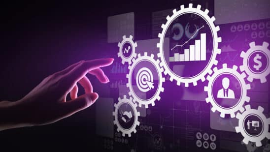 usiness process management, automation workflow, document validation, connected gear cogs with icons, technology concept