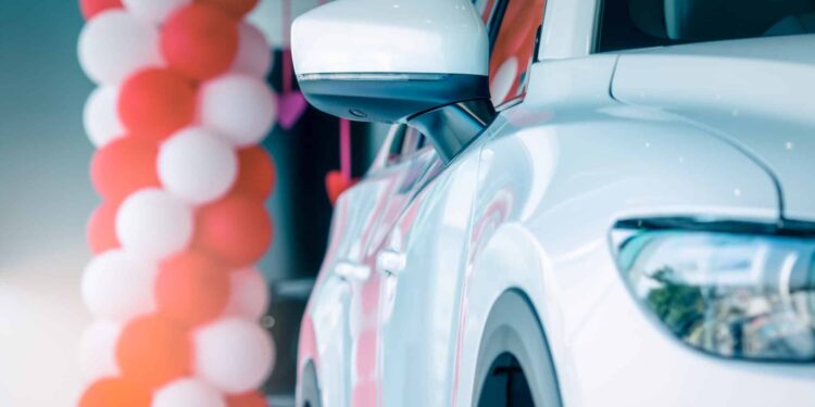 Side mirror white car parked in modern showroom