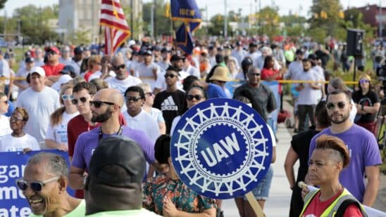 United Auto Workers (UAW) members and supporters march during a Labor Day parade in Detroit, Michigan, US