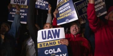 Supporters cheer as UAW members go on strike at the Ford Michigan Assembly Plant in Wayne, Michigan, on Sept. 15.