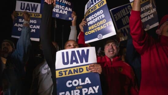 Supporters cheer as UAW members go on strike at the Ford Michigan Assembly Plant in Wayne, Michigan, on Sept. 15.