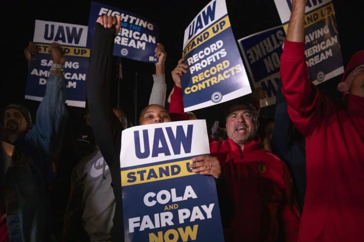 Supporters cheer as UAW members go on strike at the Ford Michigan Assembly Plant in Wayne, Michigan, on Sept. 15.