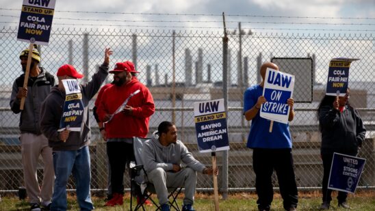 United Auto Workers (UAW) members on a picket line outside the Stellantis NV Toledo Assembly Complex in Toldeo, Ohio, US, on Monday, Sept. 18, 2023. The United Auto Workers began a strike Friday against all three of the legacy Detroit carmakers, an unprecedented move that could launch a costly and protracted showdown over wages and job security.