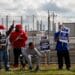 United Auto Workers (UAW) members on a picket line outside the Stellantis NV Toledo Assembly Complex in Toldeo, Ohio, US, on Monday, Sept. 18, 2023. The United Auto Workers began a strike Friday against all three of the legacy Detroit carmakers, an unprecedented move that could launch a costly and protracted showdown over wages and job security.