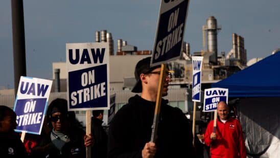 UAW members and supporters on a picket line outside the Ford plant in Wayne, Michigan, on Sept. 20.