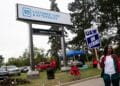 UAW members and supporters on a picket line outside the GMs Flint Processing Center in Swartz Creek, Michigan, on Monday.