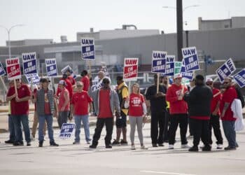 United Auto Workers members strike at the Ford Michigan Assembly Plant in Wayne, Michigan.