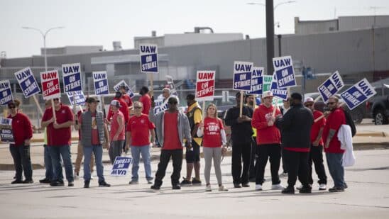 United Auto Workers members strike at the Ford Michigan Assembly Plant in Wayne, Michigan.