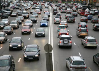 Cars stuck in traffic on the road