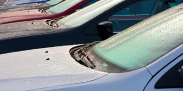 Cars on a dealer lot with dew on the windshield