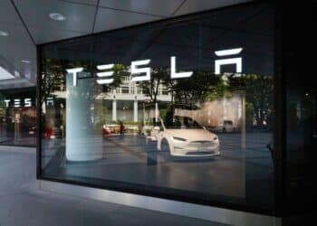 The Tesla Inc. logo displayed at a Tesla Motors Japan store in Tokyo, Japan