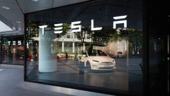 The Tesla Inc. logo displayed at a Tesla Motors Japan store in Tokyo, Japan