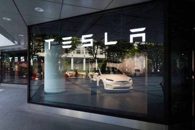 The Tesla Inc. logo displayed at a Tesla Motors Japan store in Tokyo, Japan