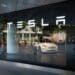 The Tesla Inc. logo displayed at a Tesla Motors Japan store in Tokyo, Japan