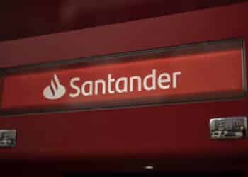 A logo outside a Banco Santander SA bank branch