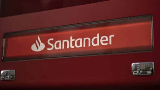 A logo outside a Banco Santander SA bank branch