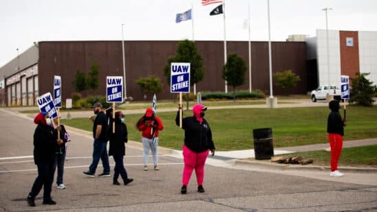 United Auto Workers (UAW) members and supporters on a picket line outside the General Motors Co. Flint Processing Center in Swartz Creek, Michigan, US, on Monday, Sept. 25, 2023. General Motors and Stellantis NV face walkouts at 38 more facilities as talks with their workers' union failed to make headway, even as Ford Motor Co. was spared the escalation after making progress in the negotiations.