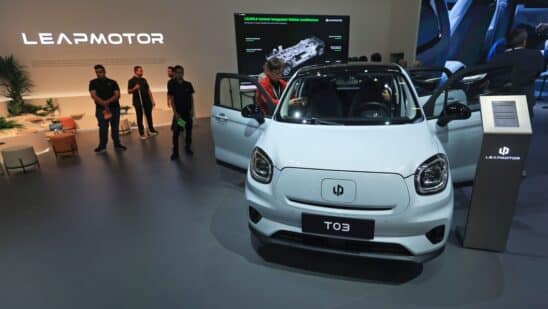 A Leapmotor T03 electric vehicle at the Zhejiang Leapmotor Technologies pavilion at the Munich Motor Show in September.