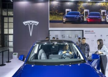 A Model Y car at the Teslas booth during the World Internet of Things Exposition in Wuxi, China.