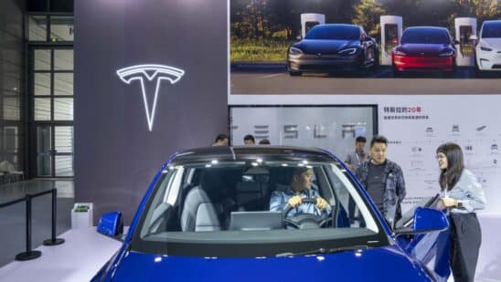 A Model Y car at the Teslas booth during the World Internet of Things Exposition in Wuxi, China.