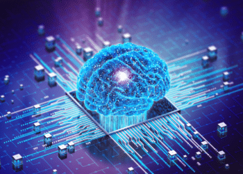 Concept image of artificial intelligence, a blue and purple brain attached to a circuit board